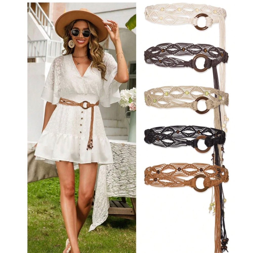Handmade Braided Beaded Circle Buckle Wrap Tie Belt